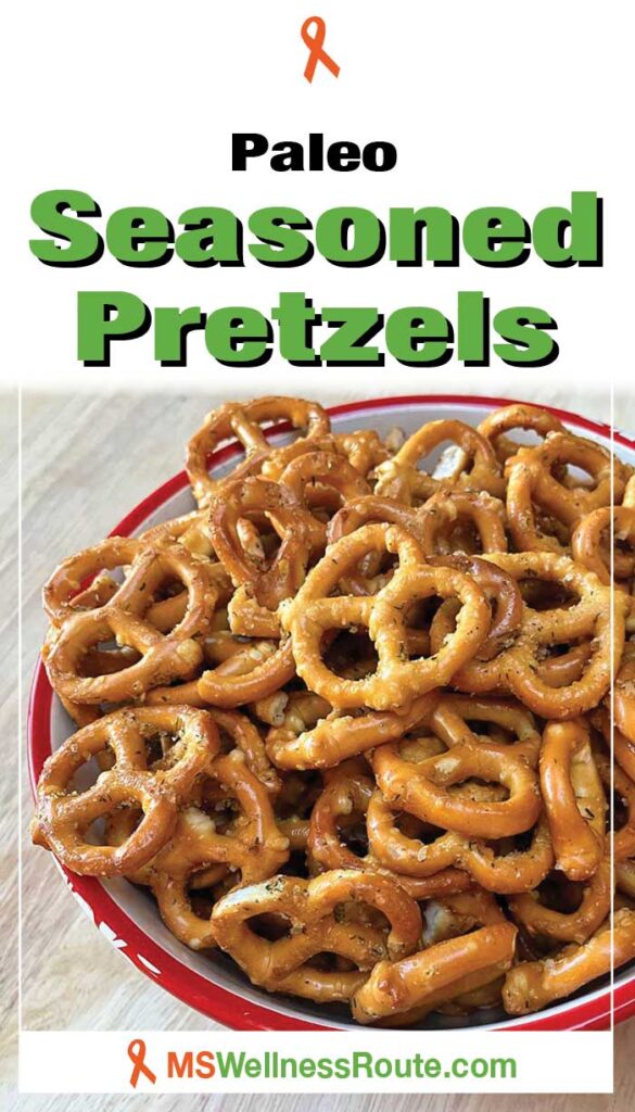 Bowl of seasoned pretzels with headline: Paleo Seasoned Pretzels