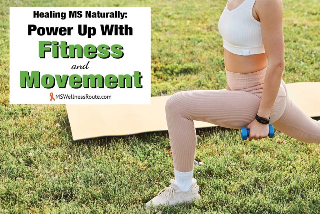 Young woman in leggins holding dumbbells with overlay: Power Up with Fitness and Movement