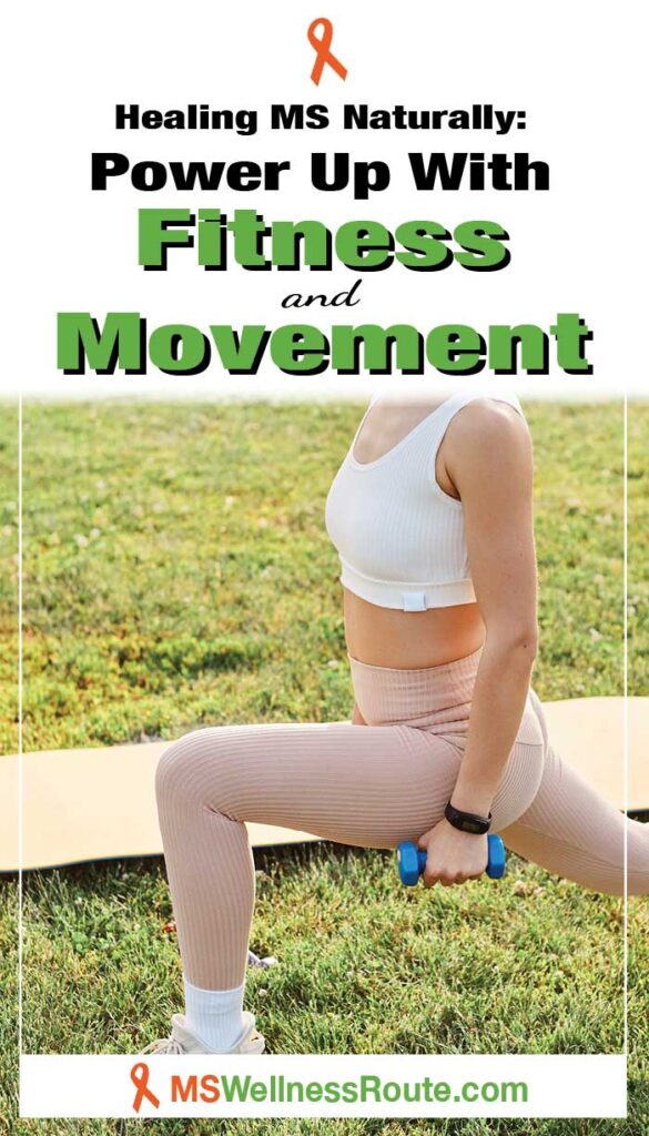 Young woman in leggins holding dumbbells with headline: Power Up with Fitness and Movement