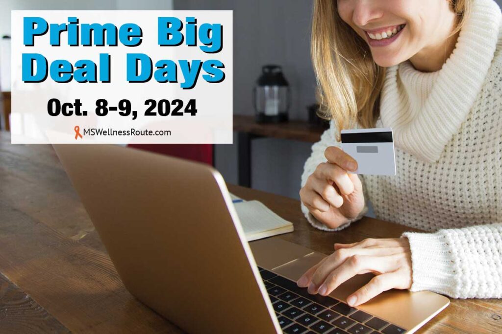 Woman holding credit card making purchase with overlay: Prime Big Deal Days 2024