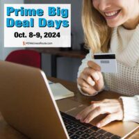 Woman holding credit card making purchase with overlay: Prime Big Deal Days 2024