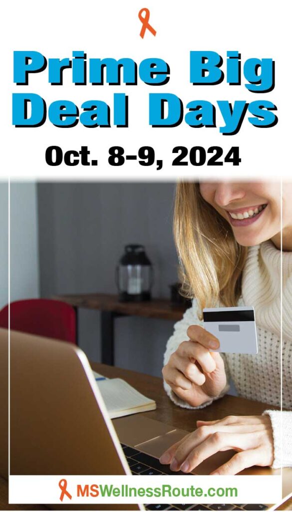 Woman holding credit card making purchase with overlay: Prime Big Deal Days 2024