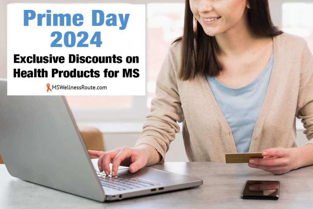 Woman at desk with laptop and credit card with overlay: Prime Day 2024: Exclusive Discounts on Health Products MS