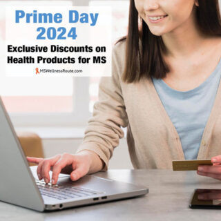 Woman at desk with laptop and credit card with overlay: Prime Day 2024: Exclusive Discounts on Health Products MS