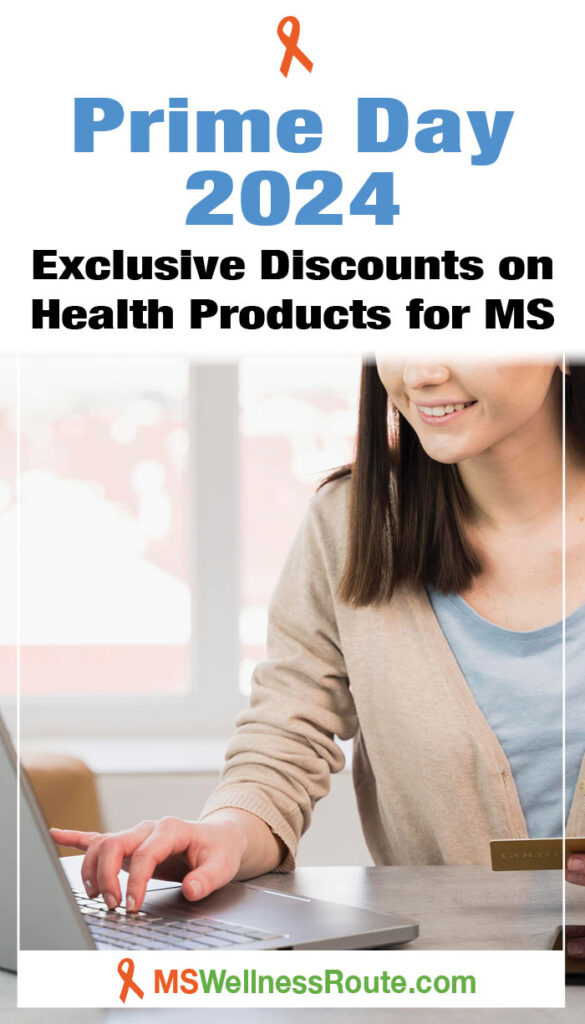 Woman at desk with laptop and credit card with overlay: Prime Day 2024: Exclusive Discounts on Health Products MS