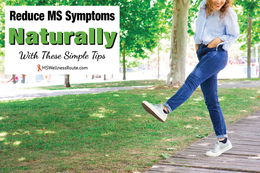 Positive woman ambling in park with overlay: Reduce MS Symptoms Naturally