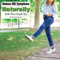 Positive woman ambling in park with overlay: Reduce MS Symptoms Naturally