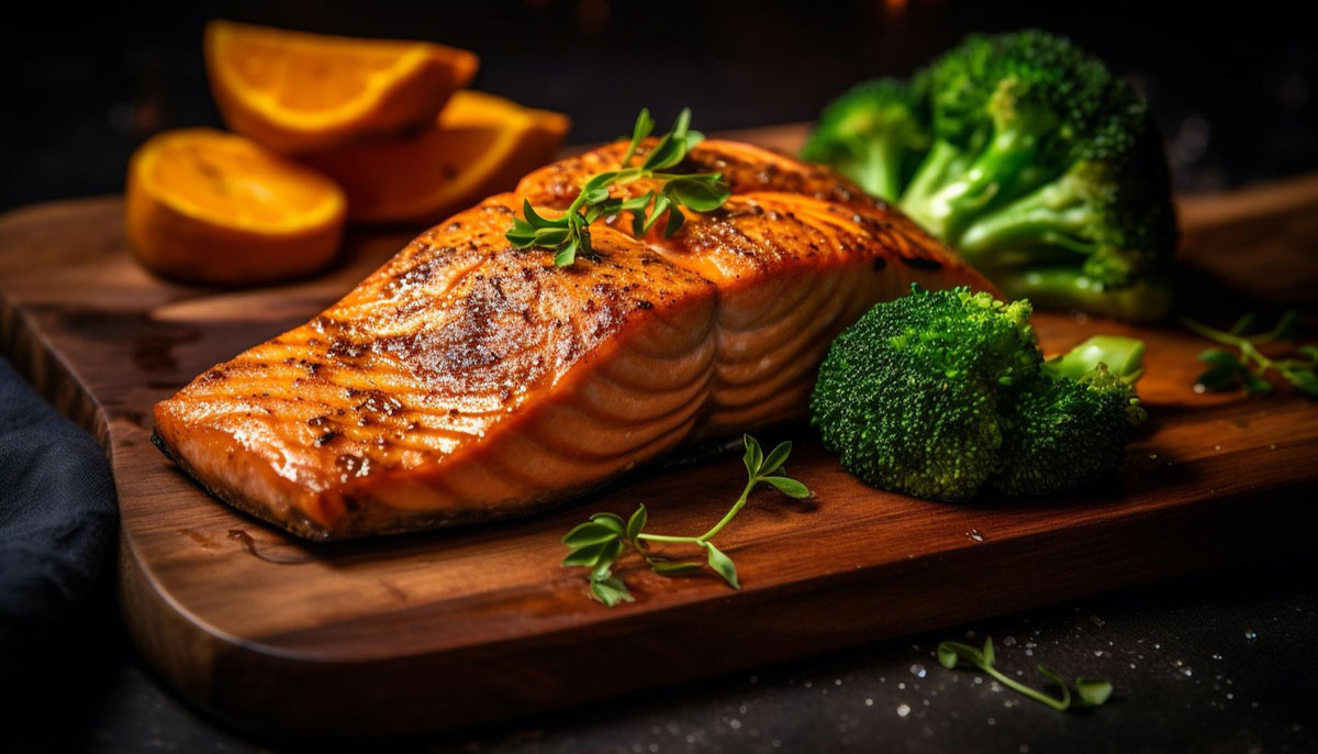 Salmon steak on cutting board with herbs and broccoli.