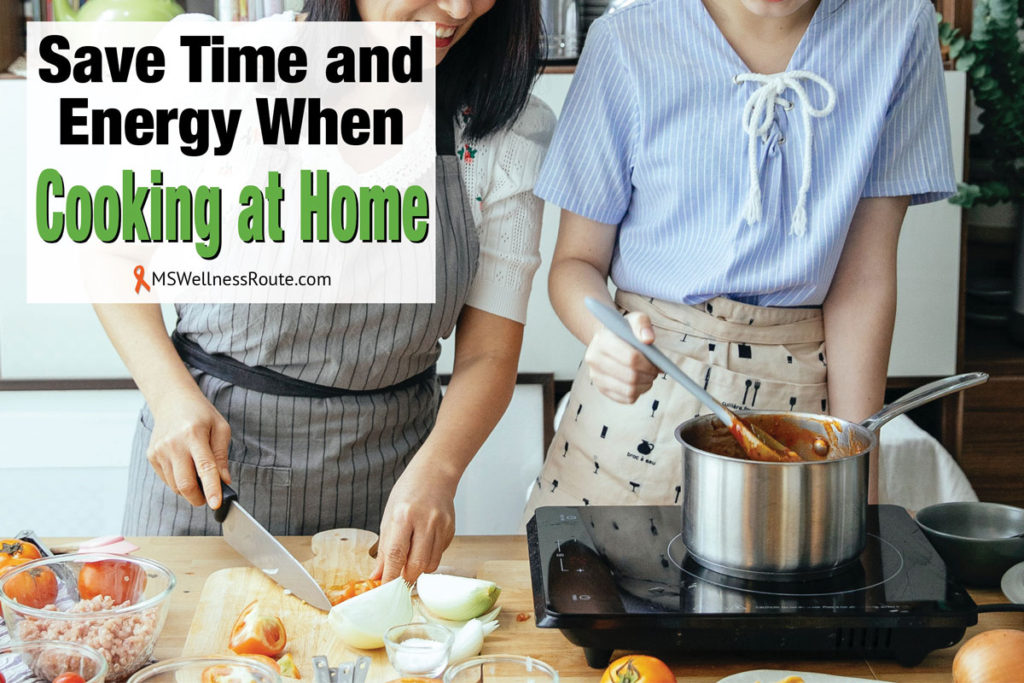 Woman cooking in kitchen with overlay: Save Time and Energy When Cooking at Home