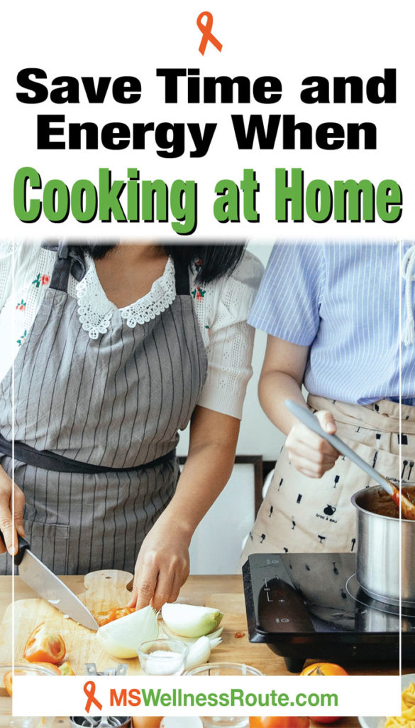 Woman cooking in kitchen with headline: Save Time and Energy When Cooking at Home