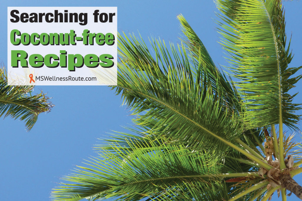 Looking up at a coconut palm tree with overlay: Searching for Coconut-free Recipes