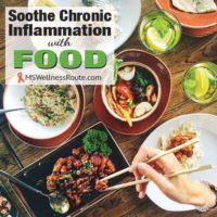 Table full of healthy food with overlay: Soothe Chronic Inflammation with Food