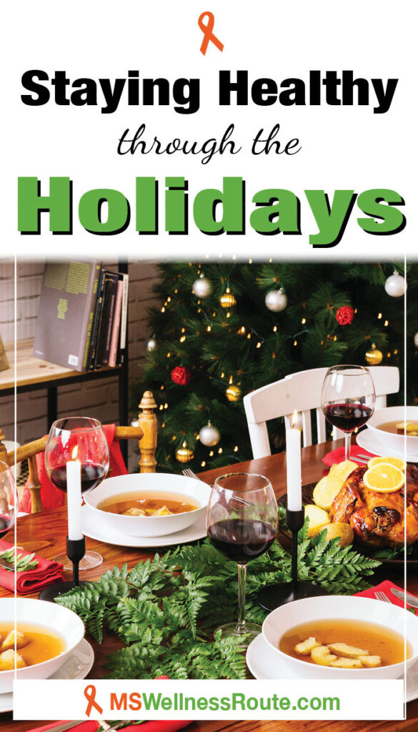 Christmas dinner party with overlay: Staying Healthy through the Holidays