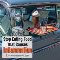 Car hop with food on window overlay: Stop Eating Food That Causes Inflammation