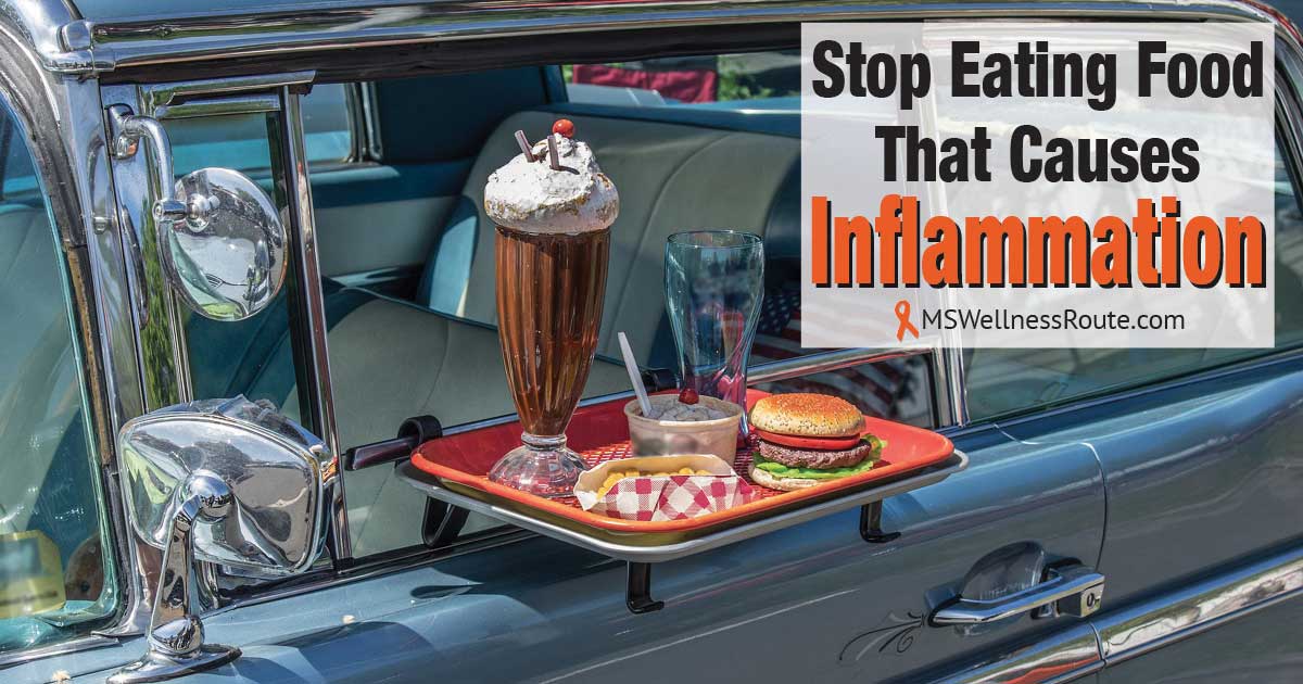 Car at a car hop with food on window with overlay: Stop Eating Food That Causes Inflammation