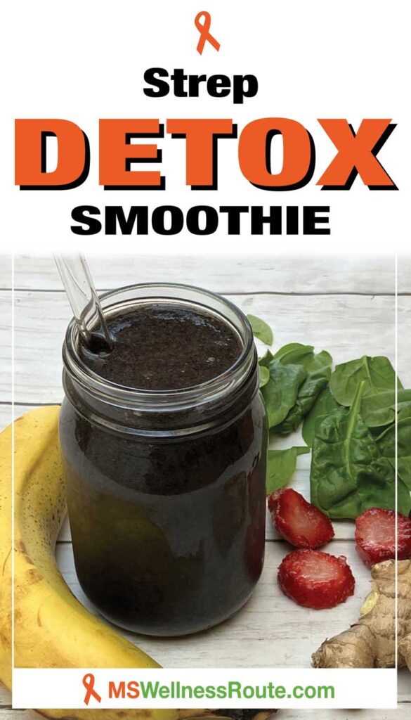 Smoothie with berries, spinach, banana, and ginger root with headline: Strep Detox Smoothie