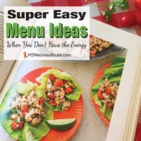 Opened cookbook with overlay: Super Easy Menu Ideas When You Don't Have the Energy