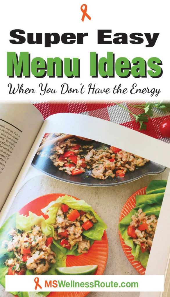 Opened cookbook with headline: Super Easy Menu Ideas When You Don't Have the Energy