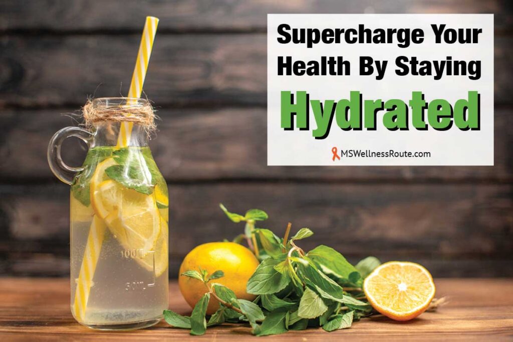 Lemon water in glass bottle with overlay: Supercharge Your Health By Staying Hydrated