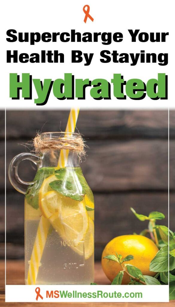 Lemon water in glass bottle with headline: Supercharge Your Health By Staying Hydrated