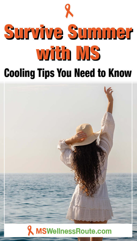 Young woman on beach holding hat with headline: Survive Summer with MS: Cooling Tips You Need To Know