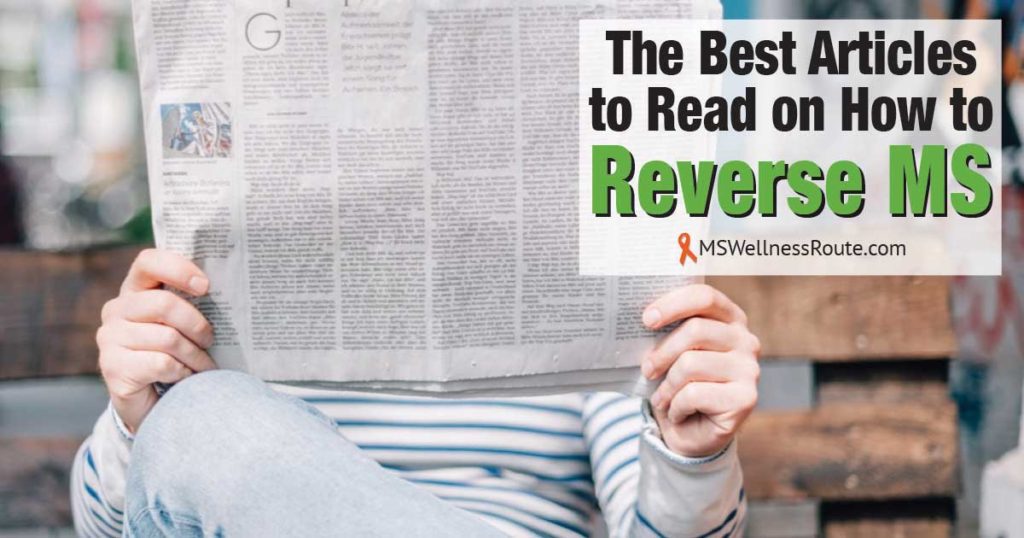 Person sitting on a bench reading a newspaper with overlay: The Best Articles to Read on How to Reverse MS