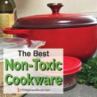 A Dutch oven, parsley, glass measuring cup, seasoning with overlay: The Best Non-Toxic Cookware