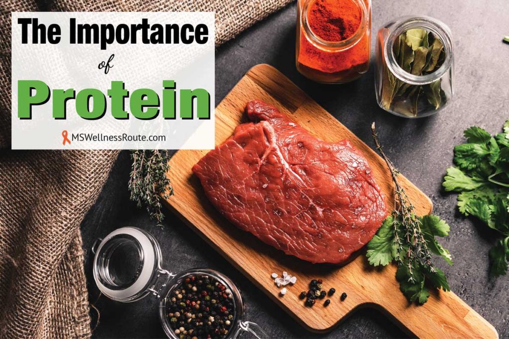 A slab of steak on a cutting board with overlay: The Importance of Protein