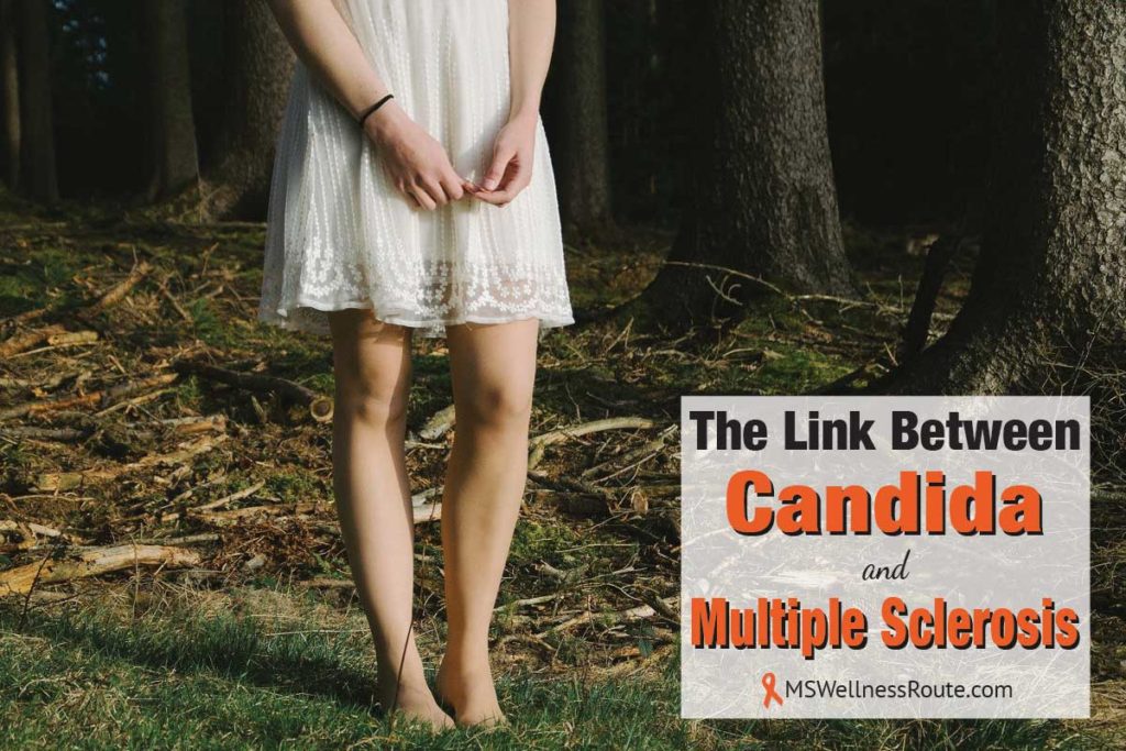 Young woman in short white dress with overlay: The Link Between Candida and MS