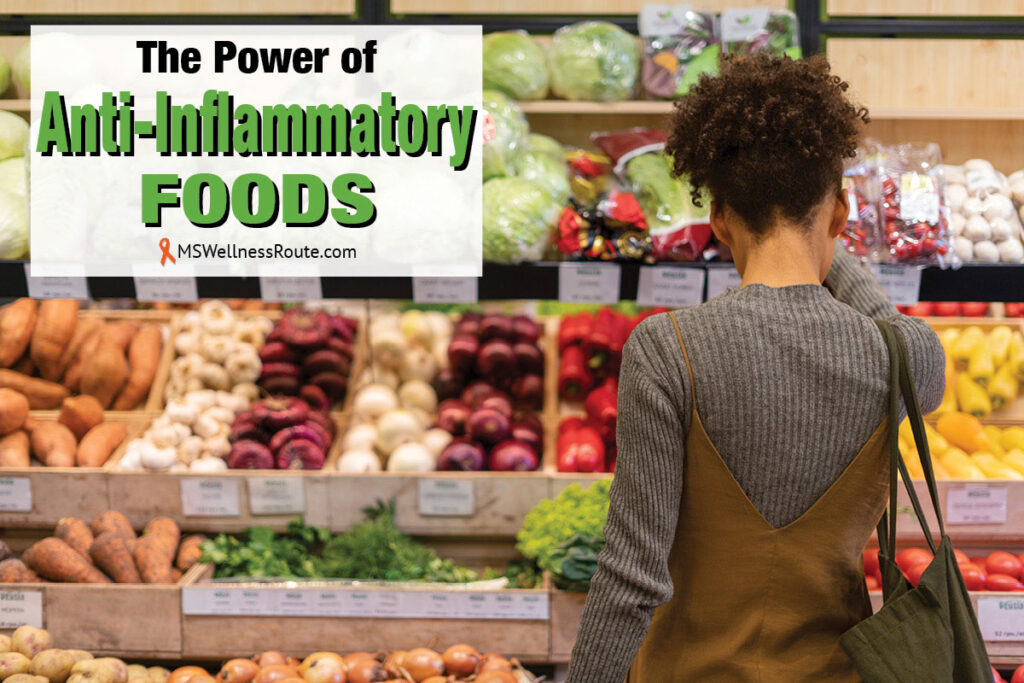 Young woman shopping for vegetables with overlay: The Power of Anti-Inflammatory Foods