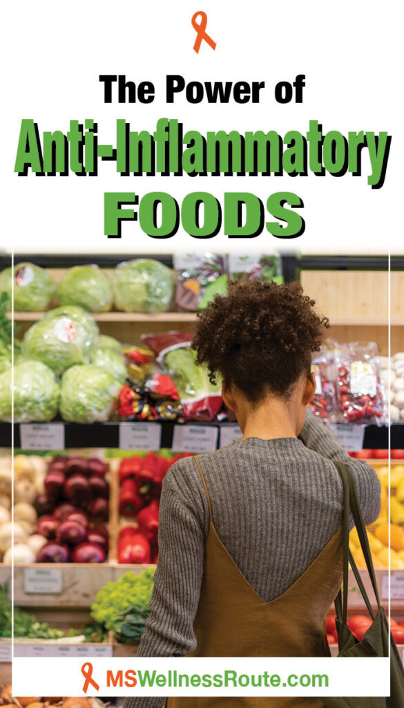 Young woman shopping for vegetables with headline: The Power of Anti-Inflammatory Foods