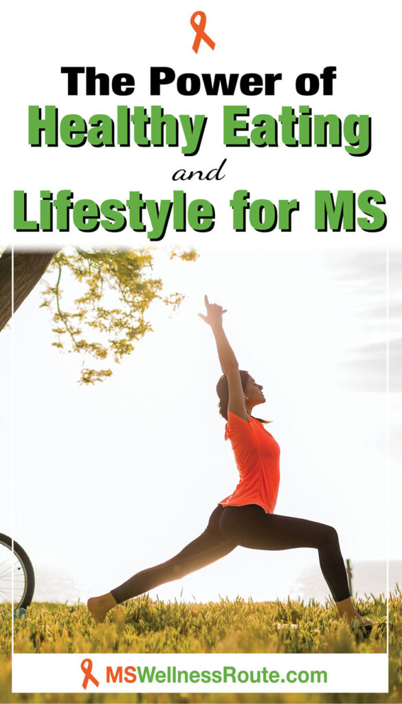 Woman stretching near her bike with headline: The Power of Healthy Eating and Lifestyle for MS