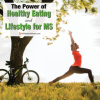 Woman stretching near her bike with overlay: The Power of Healthy Eating and Lifestyle for MS