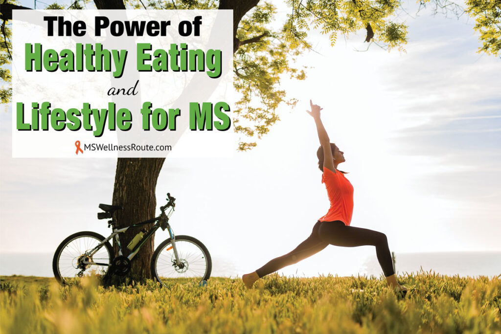 Woman stretching near her bike with overlay: The Power of Healthy Eating and Lifestyle for MS