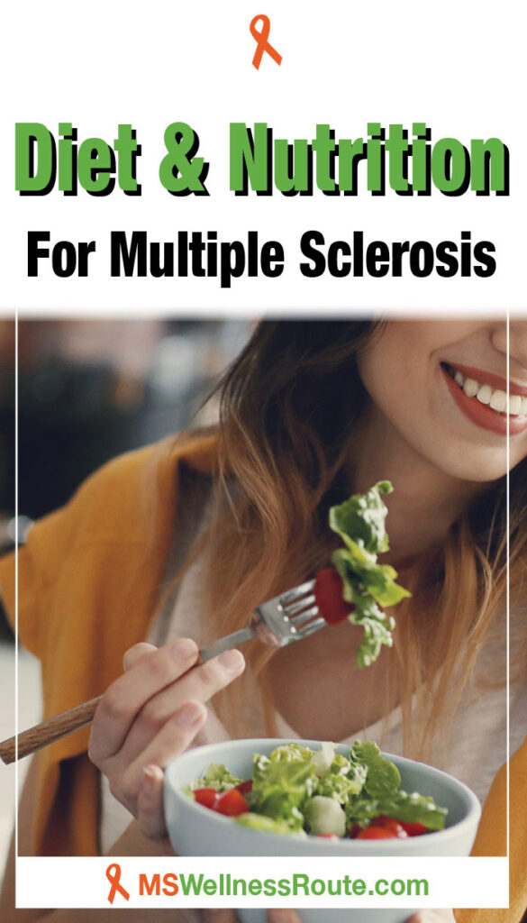 Young woman eating a bowl of salad with headline: Diet & Nutrition for MS