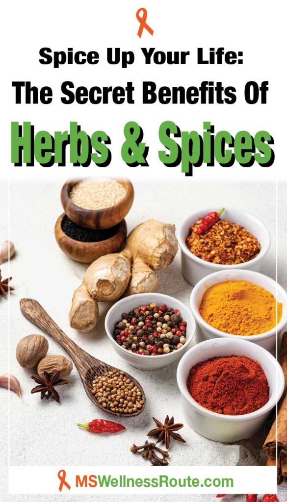 Herbs and spices in bowls on table with headline: Spice Up Your Life: The Secret Benefits Of Herbs & Spices