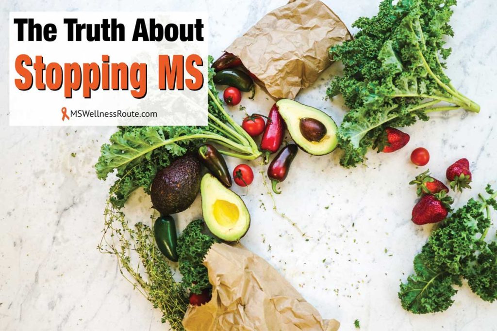 Grocery bag of veggies spilled out with overlay: The Truth About Stopping MS