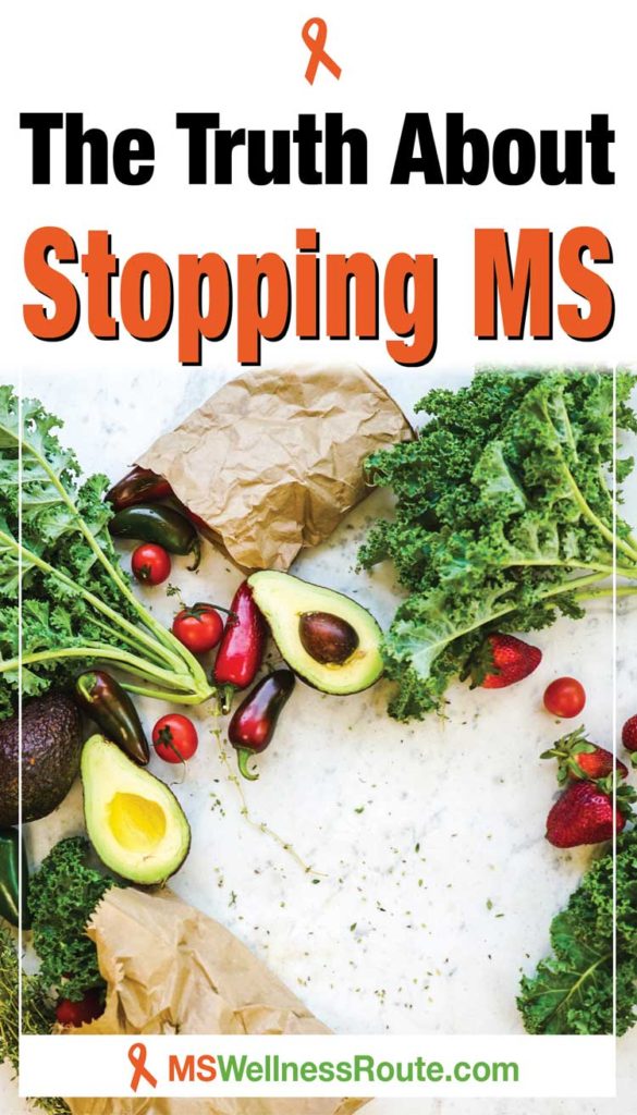 Grocery bag of veggies spilled out with headline: The Truth About Stopping MS