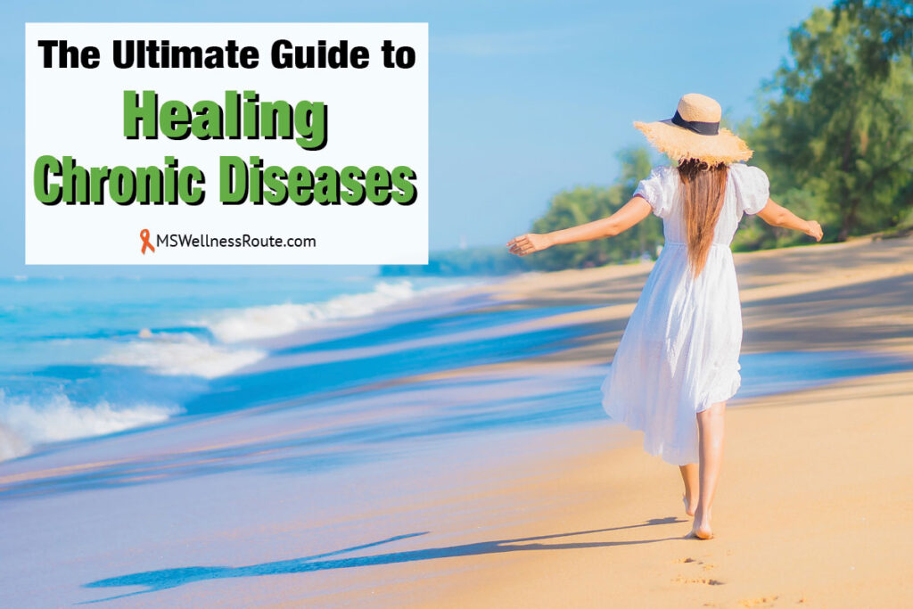 Young woman in white dress and hat walking on a beach with overlay: The Ultimate Guide to Healing Chronic Diseases