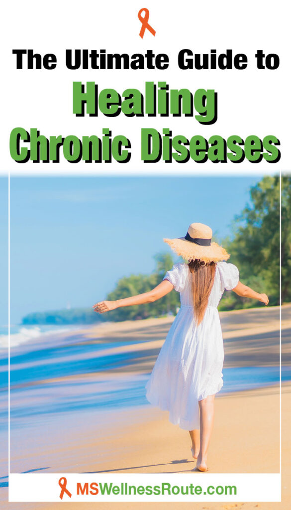 Young woman in white dress and hat walking on a beach with headline: The Ultimate Guide to Healing Chronic Diseases