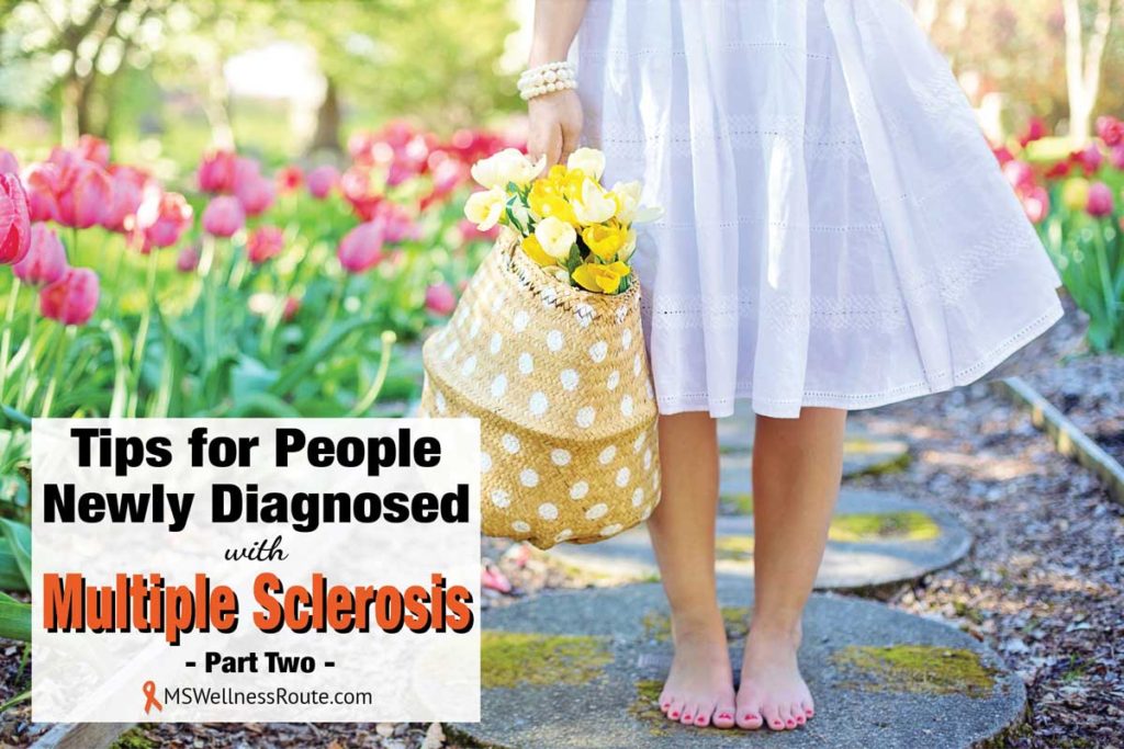 Barefoot woman holding basket of flowers with overlay: Tips for People Newly Diagnosed with MS part 2