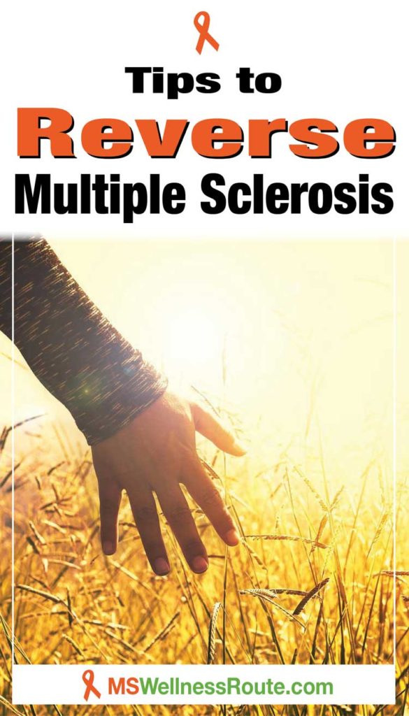 Woman's hand in meadow toward sunset with headline: Tips to Reverse MS