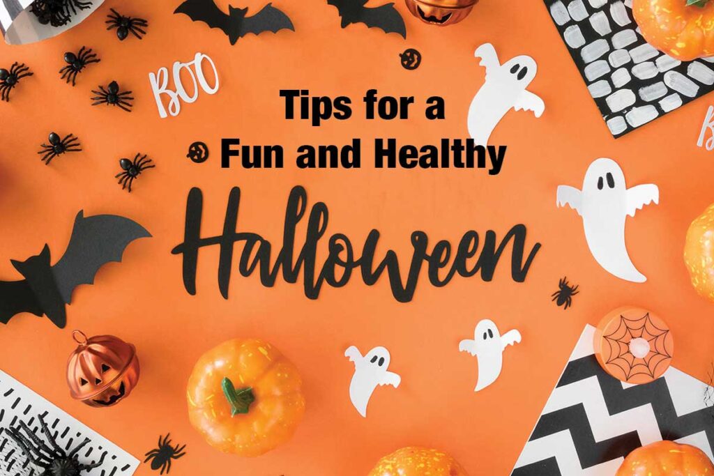 Halloween decorations on an orange background with overlay: Tips for a Fun and Healthy Halloween