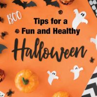 Halloween decorations on an orange background with overlay: Tips for a Fun and Healthy Halloween