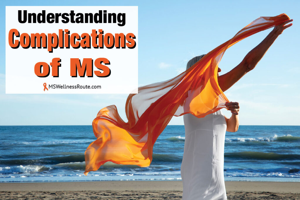 Woman waving orange fabric with overlay: Understanding Complications of MS