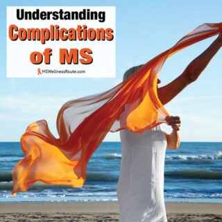 Woman waving orange fabric with overlay: Understanding Complications of MS