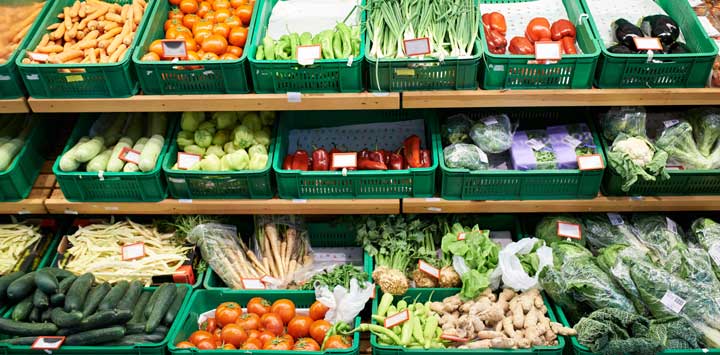 Different vegetables at the grocery store.