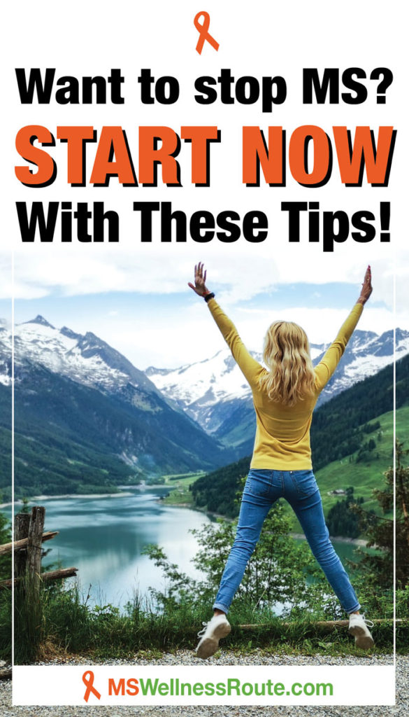 Woman jumping towards mountain lake with overlay: Want to Stop MS? Start Now with These Tips!