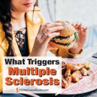 Woman eating a double hamburger with overlay: What Triggers MS