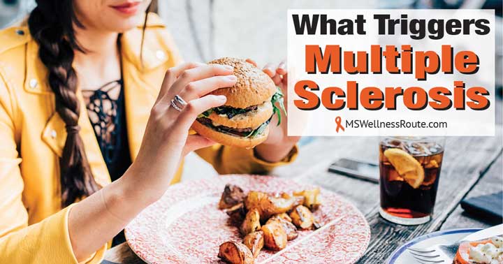 Woman eating a double hamburger with overlay: What Triggers MS